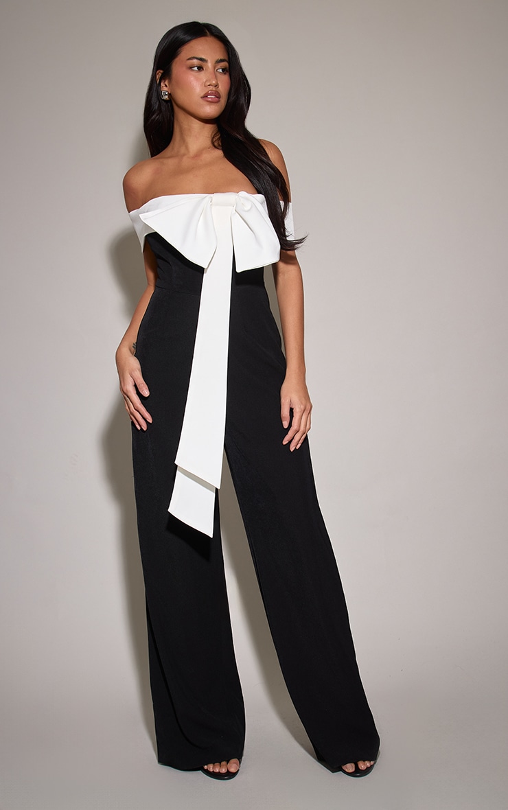Black Woven Contrast Bow Wide Leg Jumpsuit image 1