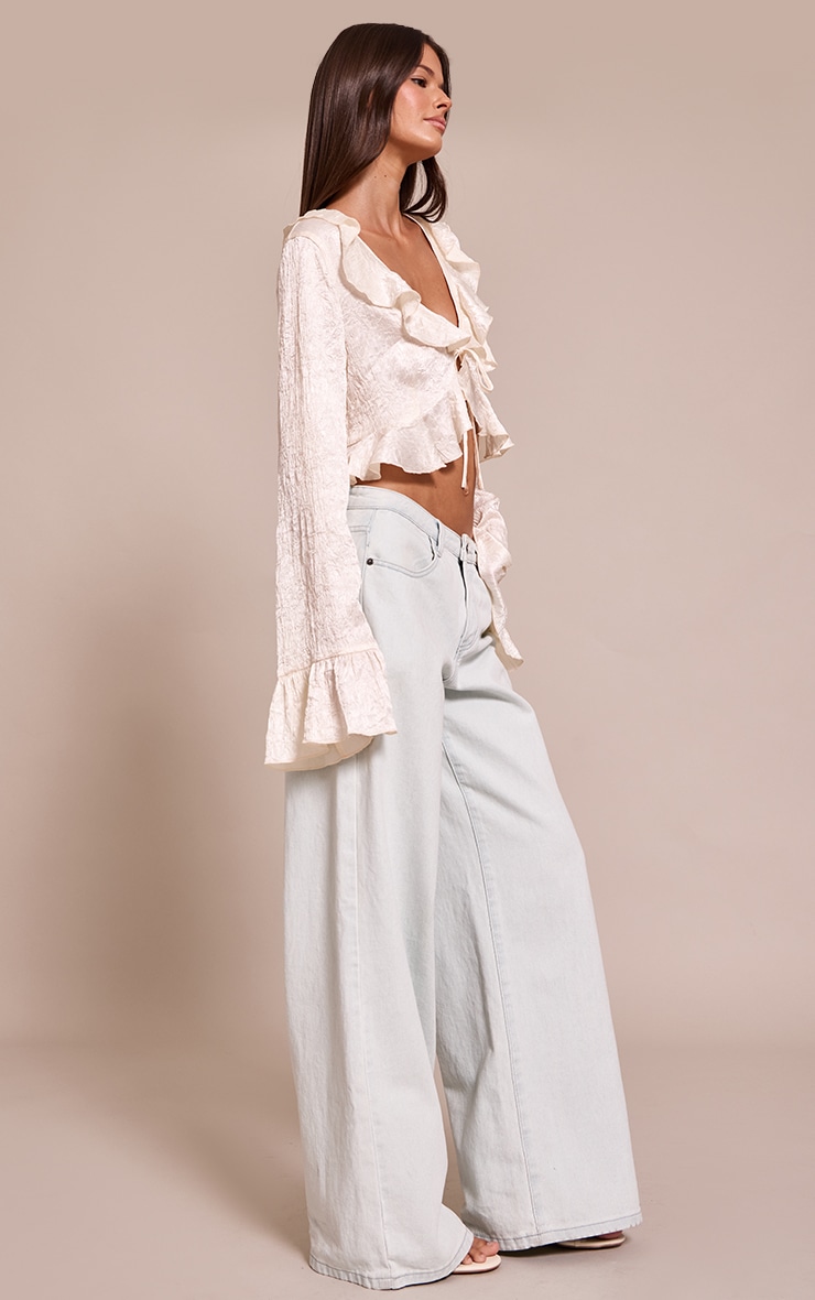 Cream Textured Satin Frill Detail Tie Front Cropped Top image 3