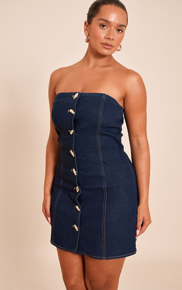 Shape Mini robe bustier en jean stretch indigo à empiècements boutons dorés