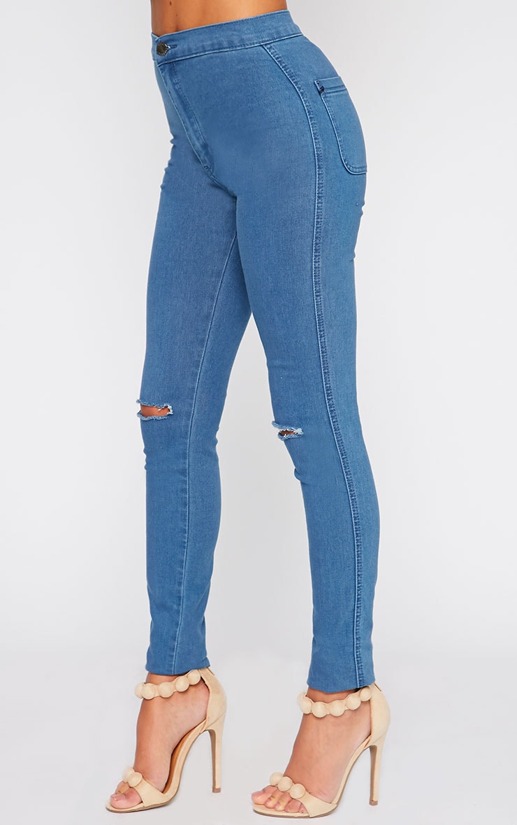 Mari Blue Wash High Waist Ripped Skinny Jean PrettyLittleThing