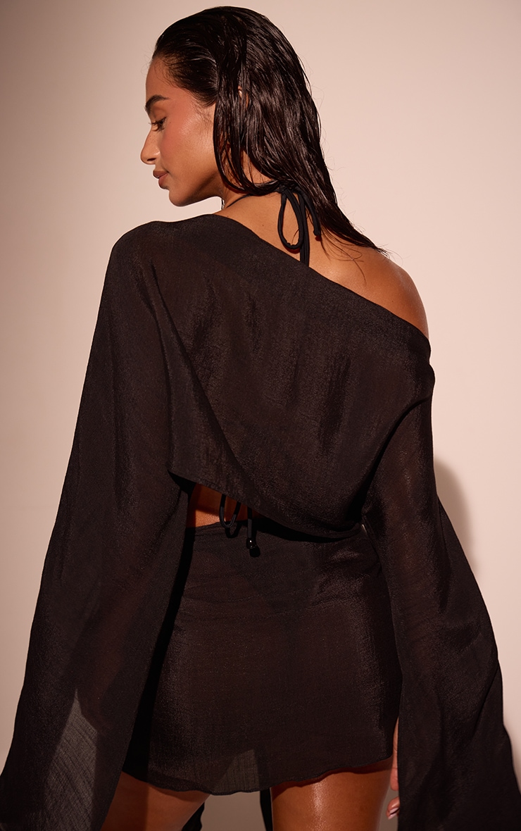 Black Linen Look Drape Shoulder Top image 2