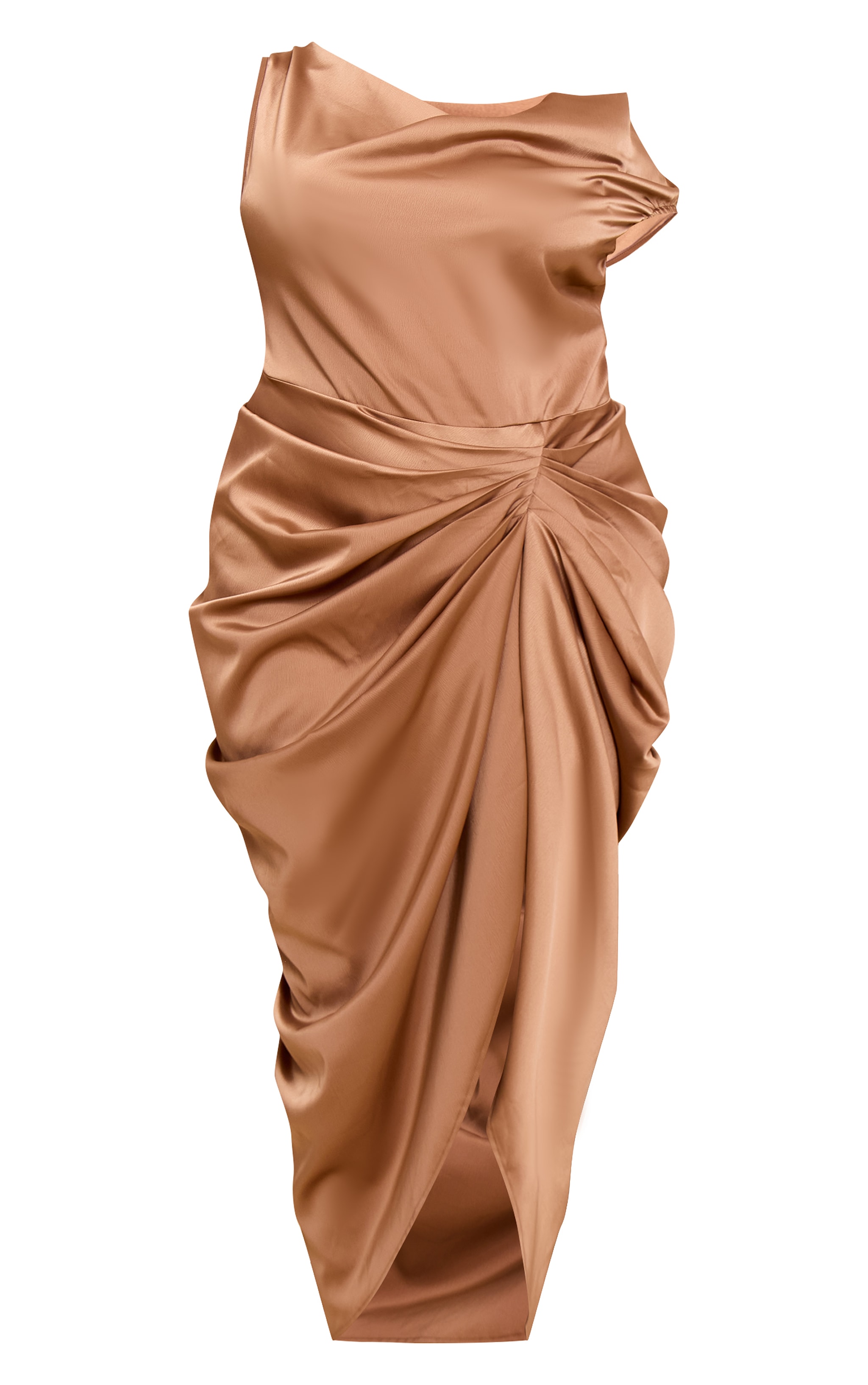 Plus Mocha Satin Off The Shoulder Draped Skirt Midi Dress image 5