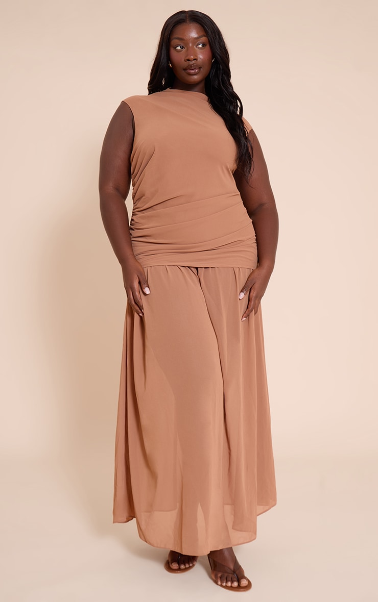 Plus Chocolate Chiffon Ruched Dropped Waist Sleeveless Maxi Dress image 1