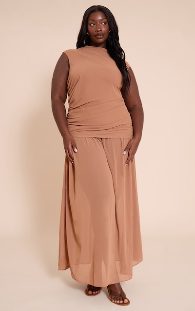 Plus Chocolate Chiffon Ruched Dropped Waist Sleeveless Maxi Dress