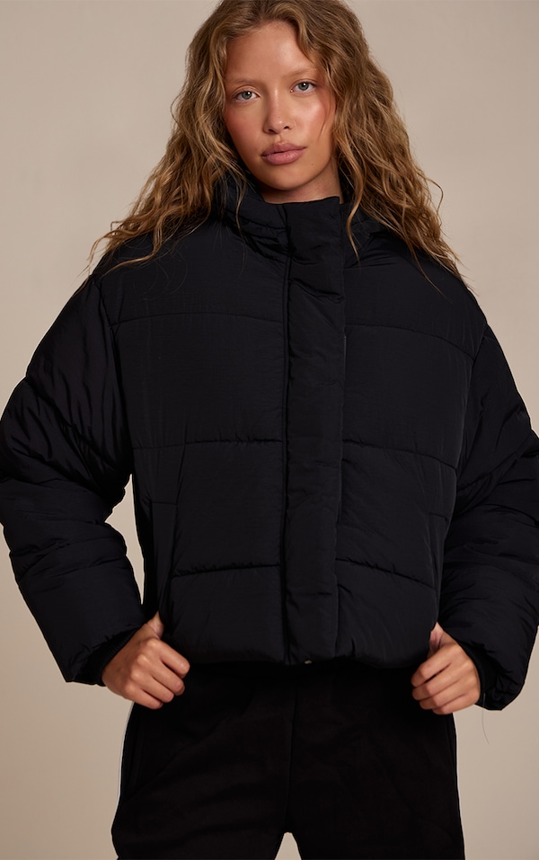 Black Cropped Drawstring Puffer Jacket