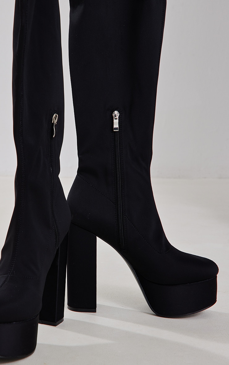 Black Lycra Round Toe Platform High Block Heeled Knee Boots image 1