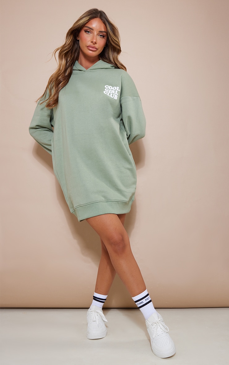 Robe pull oversize sauge doublure en polaire à capuche et slogan Cool Girl image 3