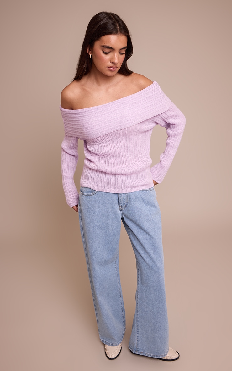Top en maille tricot lilas à épaules dénudées et manches longues image 3