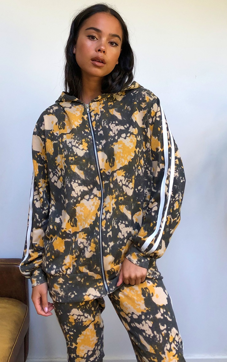Multi Tie Dye Print Double Side Stripe Oversized Zip Through Hoodie