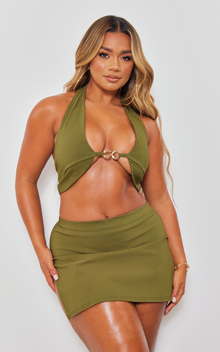 Shape Khaki Stretch Woven Chain Detail Halterneck Crop Top