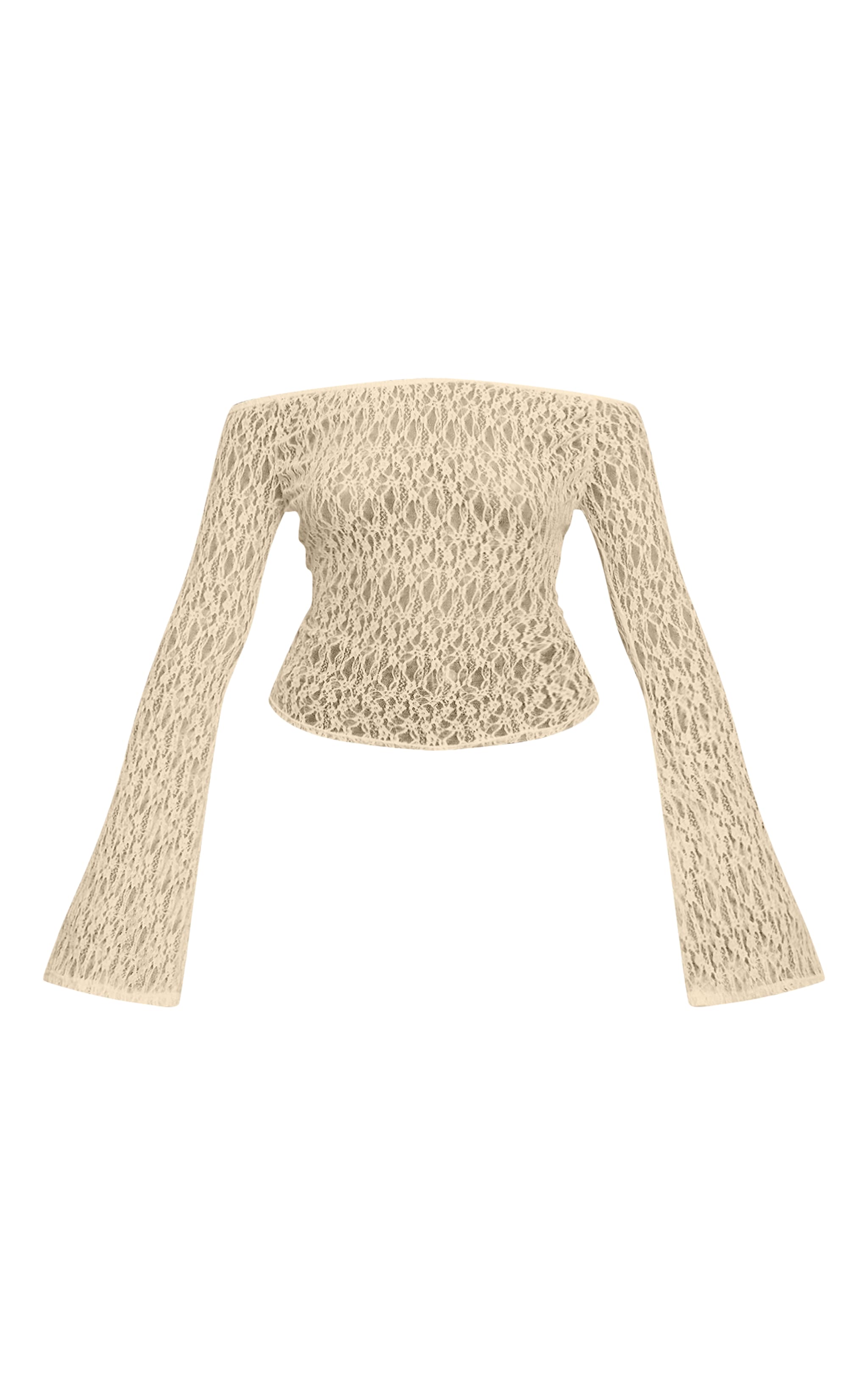 Lemon Textured Sheer Lace Bardot Flared Long Sleeve Top image 5