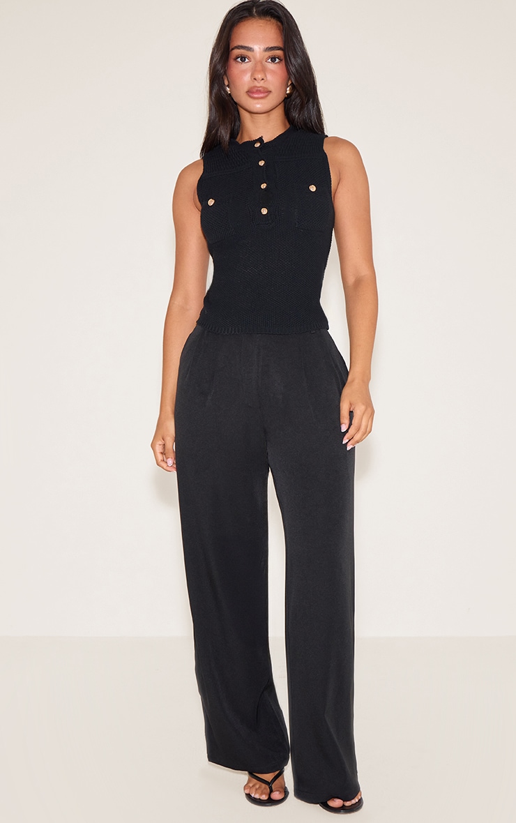 Petite Black Knitted Long Top With Button Details image 3