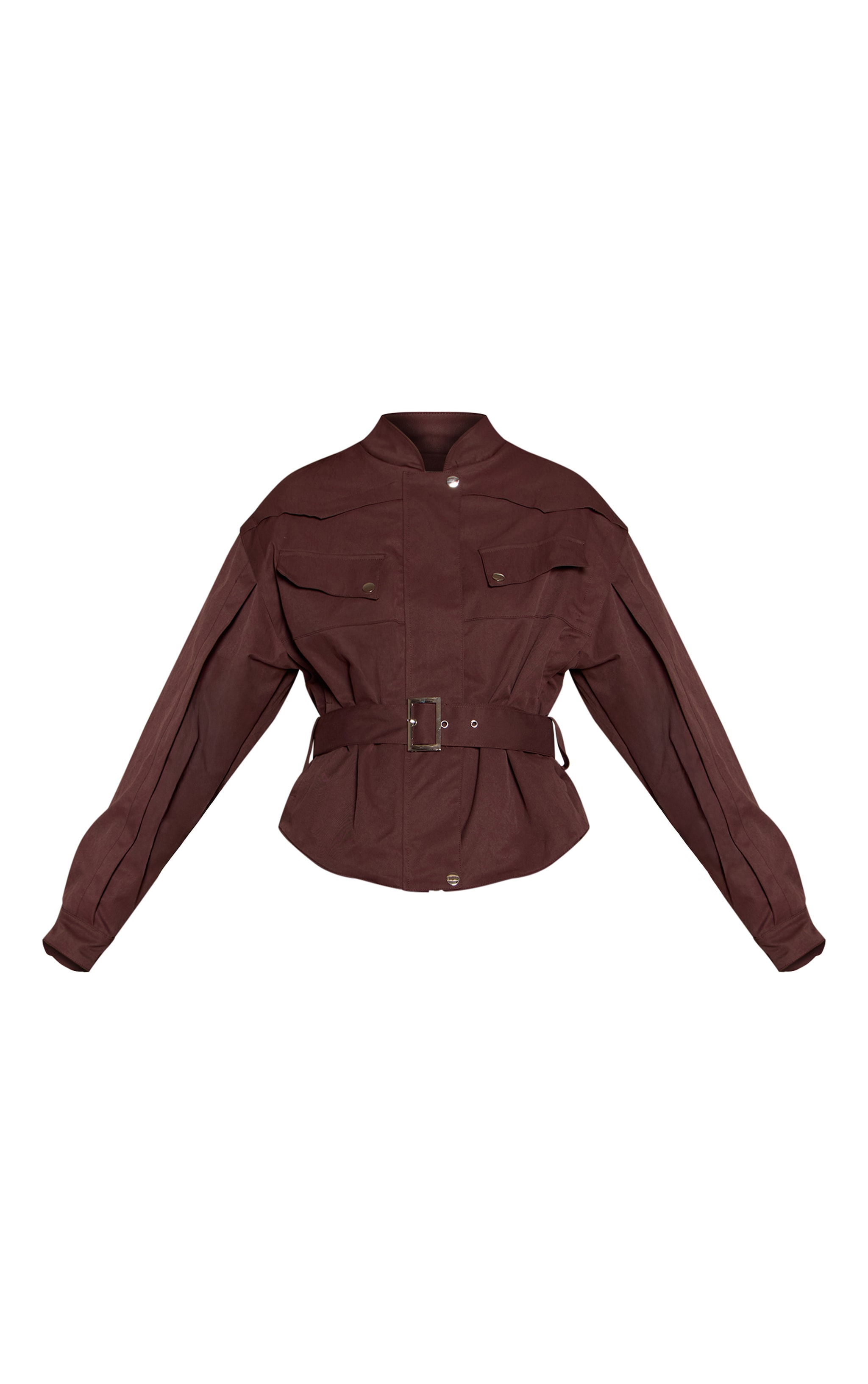 Chocolate Plum Pocket Seam Detail Belted Utility Jacket  image 5