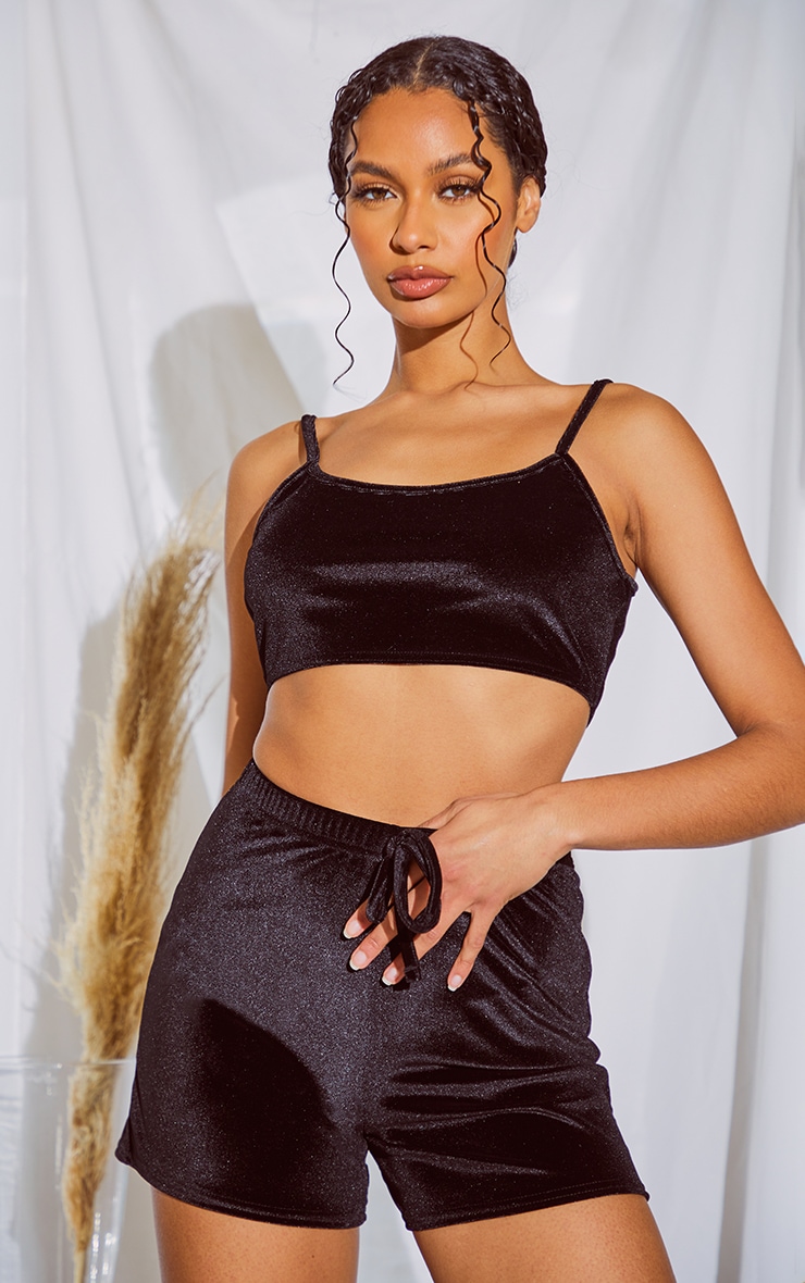 Black Velour Crop And Short PJ Set
