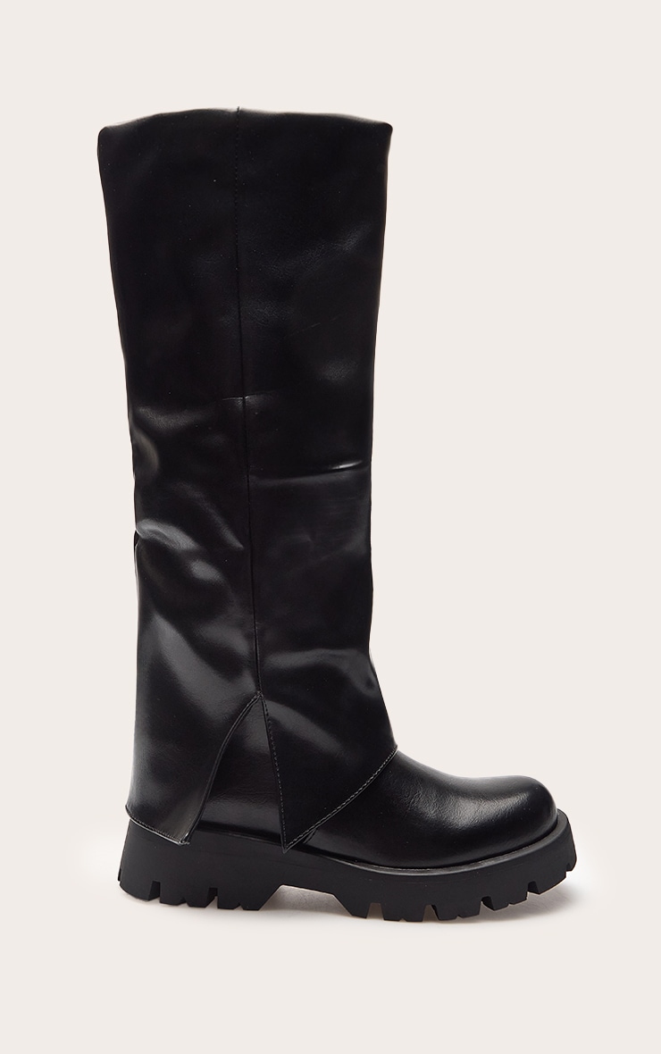 Black Faux Leather Cleated Sole Foldover Knee High Boots image 2
