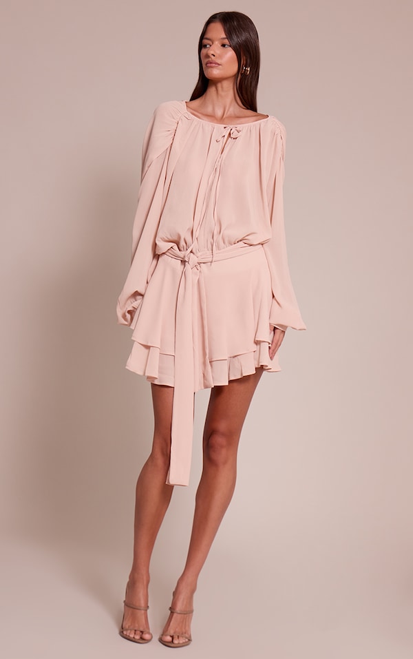 Dusty Pink Chiffon Belt Wrap Mini Shift Dress