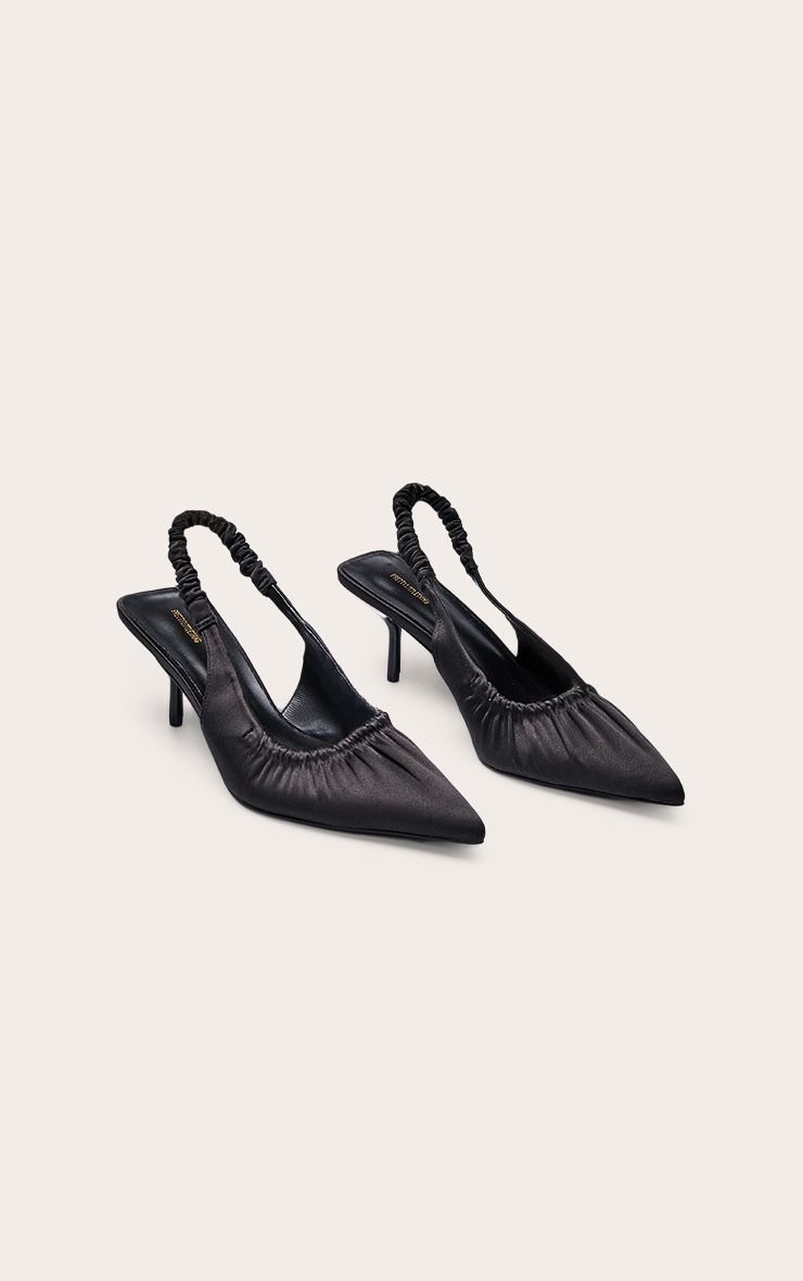 Black Satin Ruched Low Heel Sling Back Court Shoe image 3