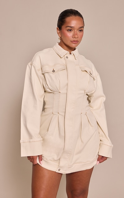 Shape Ecru Stretch Denim Cinched Waist Mini Dress