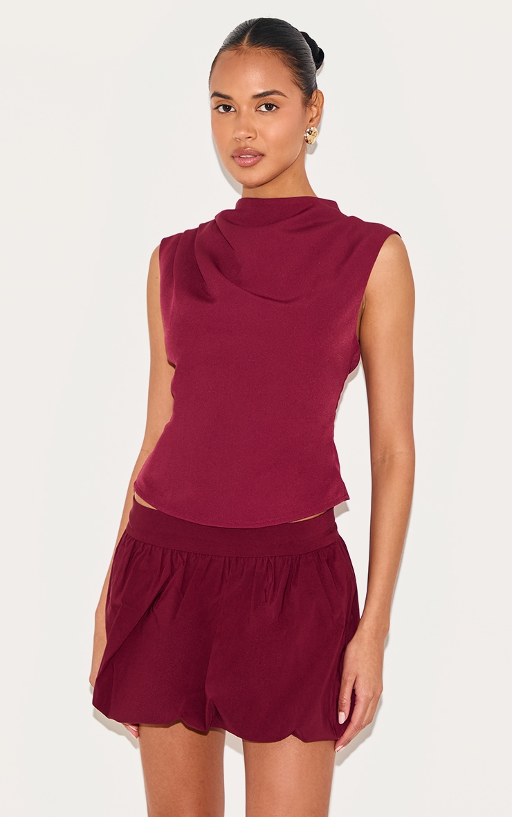 Burgundy Stretch Woven Micro Mini Puffball Skirt image 4
