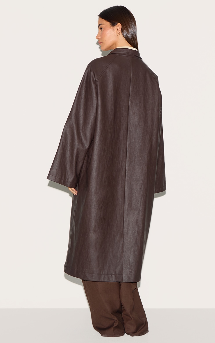 Brown Funnel Neck Faux Leather Trench Coat image 2