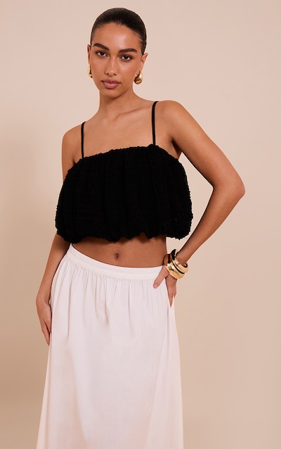 Black Textured Chiffon Puff Ball Cami Top