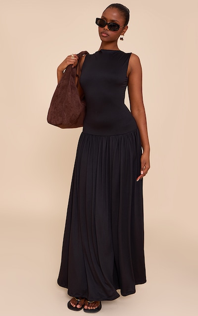Black Double Layer Jersey Dropped Waist Maxi Dress