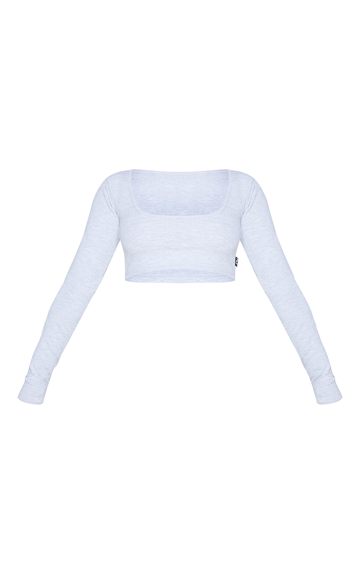 PRETTYLITTLETHING Grey Marl Badge Cotton Long Sleeve Crop Top image 5