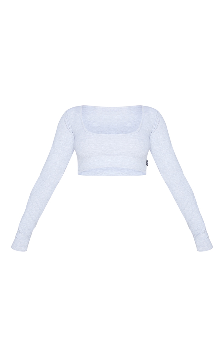 PRETTYLITTLETHING Grey Marl Badge Cotton Long Sleeve Crop Top image 5