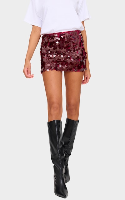 Burgundy Disc Sequin Mini Skirt