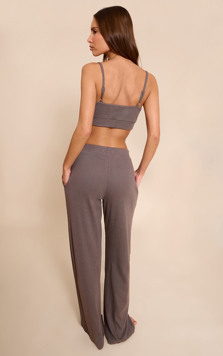 PrettyLittleThing Taupe Sleep Rib Tonal Elastic Wide Leg Pants image 3