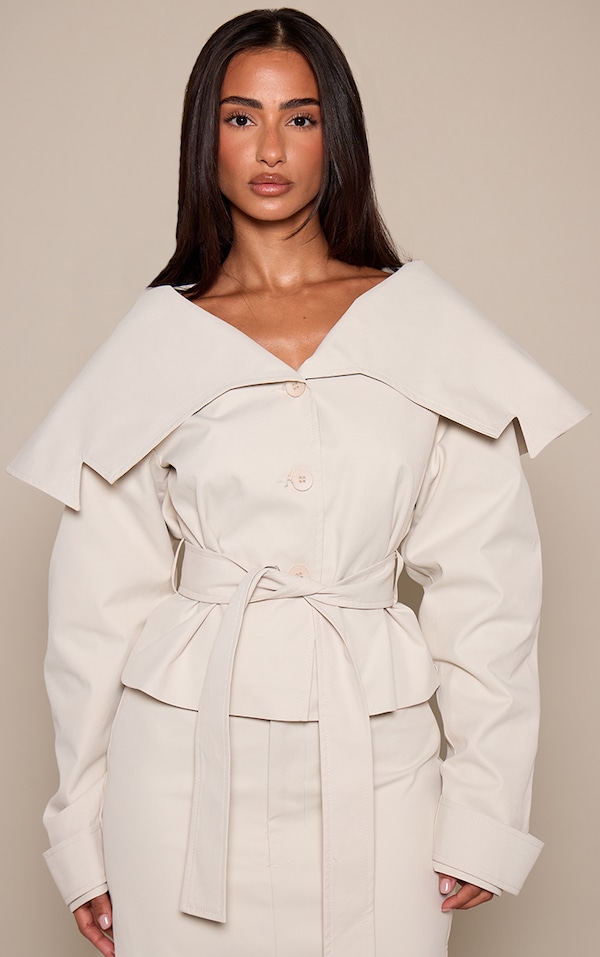 Petite Stone Tie Waist Off Shoulder Trench Coat 