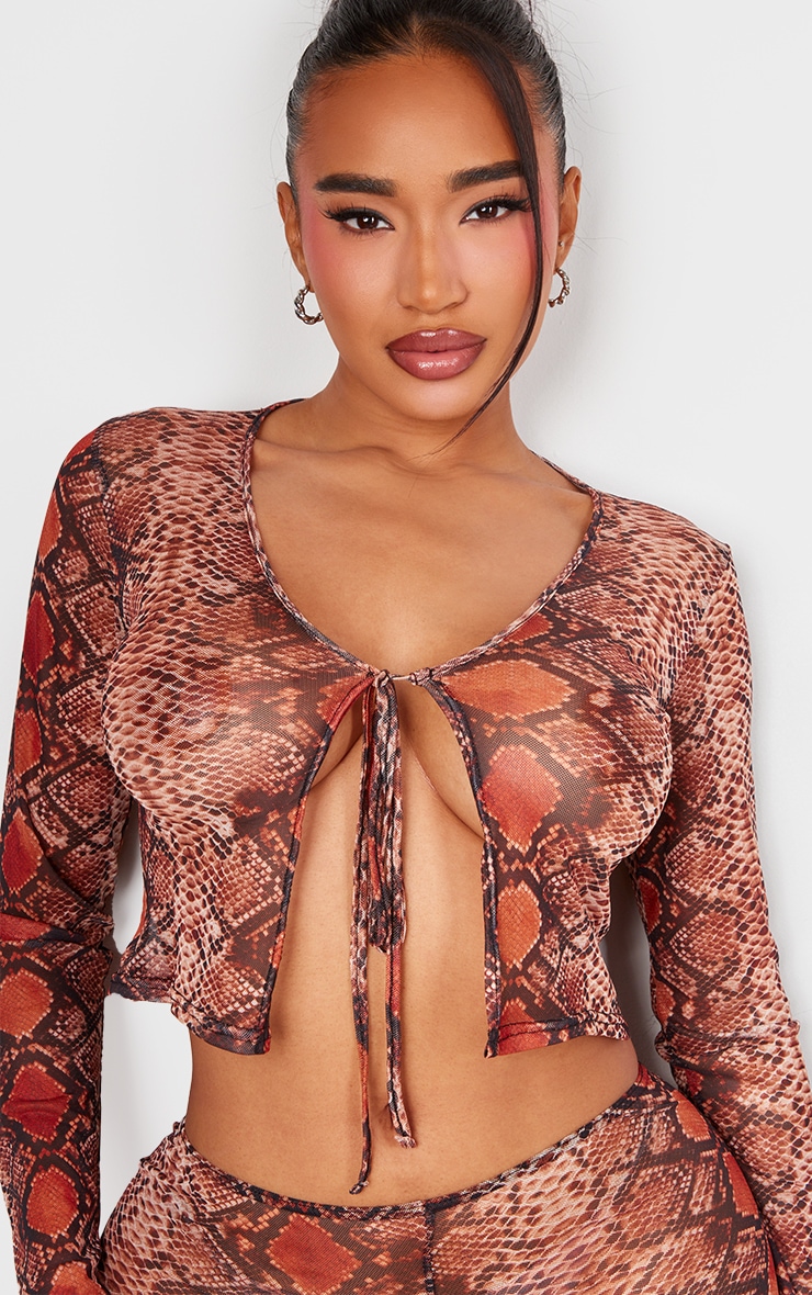 Shape Brown Mesh Snake Printed Tie Front Top image 4