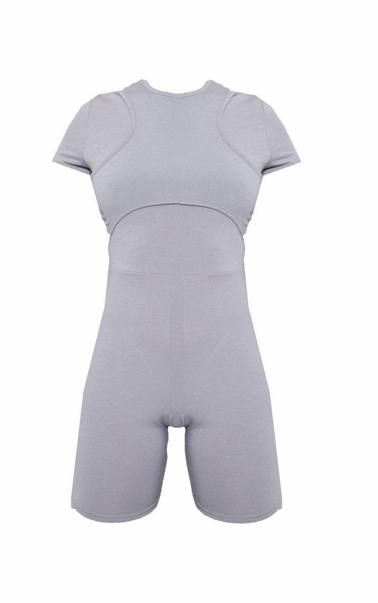 Combishort manches courtes moulant gris en jersey à empiècements et dos nageur détail contours image 5