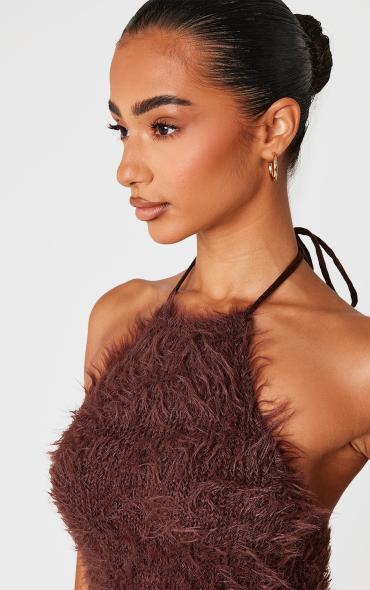 Petite Chocolate Fluffy Knit Halterneck Mini Dress image 4