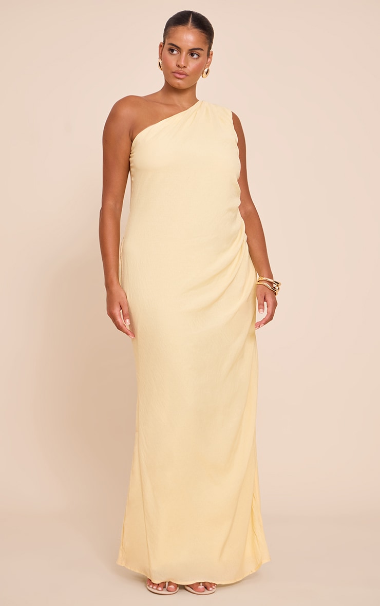 Plus Robe longue texturée jaune citron froncée à épaule unique image 1