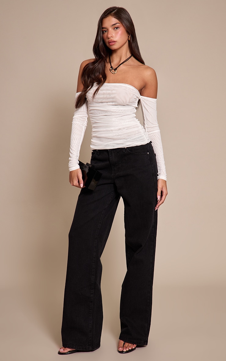 White Double Layer Mesh Ruched Detail Long Sleeve Bardot  image 3