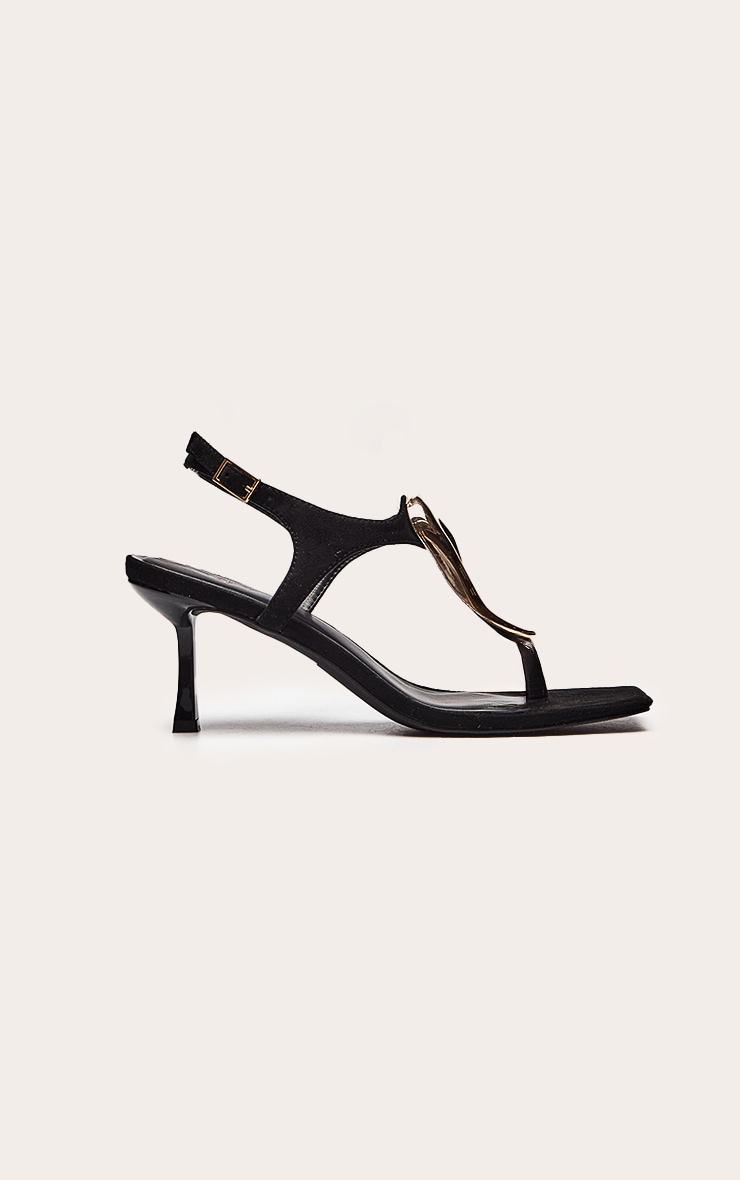 Black Faux Suede Gold Hardware Toe Thong Heeled Sandal image 2