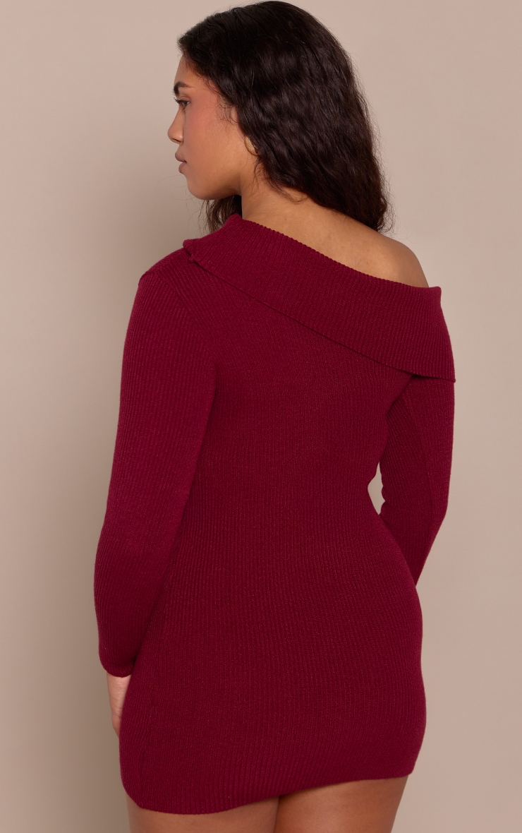 Shape Burgandy Off Shoulder Fold Over Knitted Bodycon Dress image 2