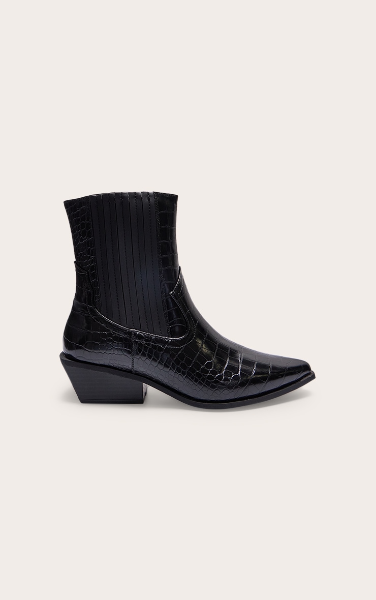 Black Croc PU Point Toe Low Block Heel Western Ankle Boots image 1