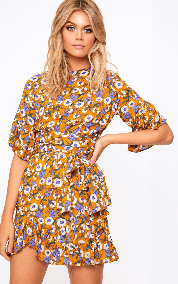 Aaliyah Mustard Floral Frill Detail Mini Dress. Dresses PrettyLittleThing