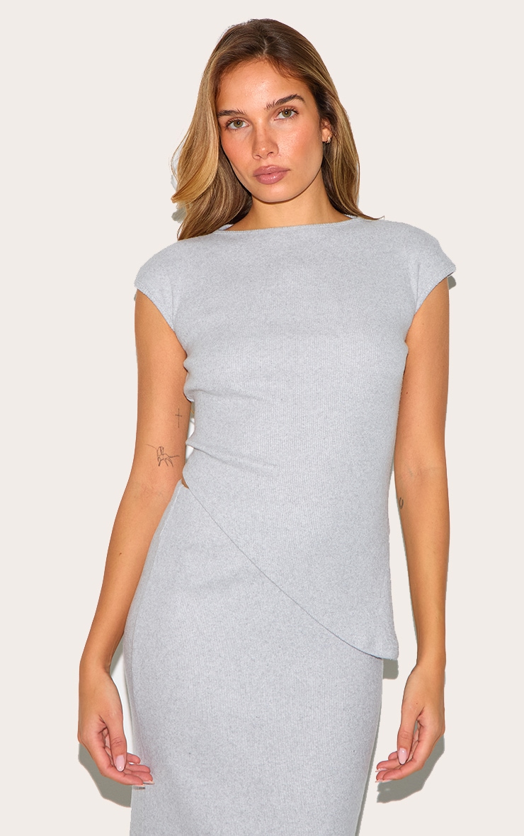 Grey Marl Brushed Rib Asymmetrical Cap Sleeve Long Top image 1