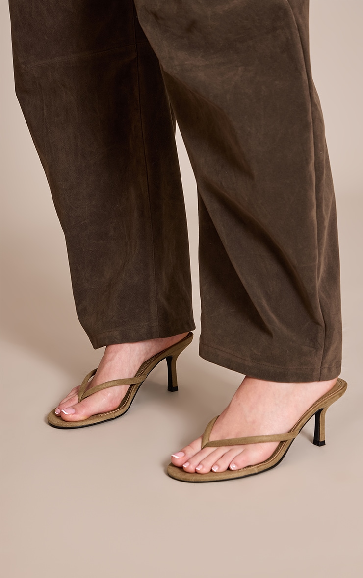 Olive Faux Suede Round Toe Thong Mid Heeled Mules image 1