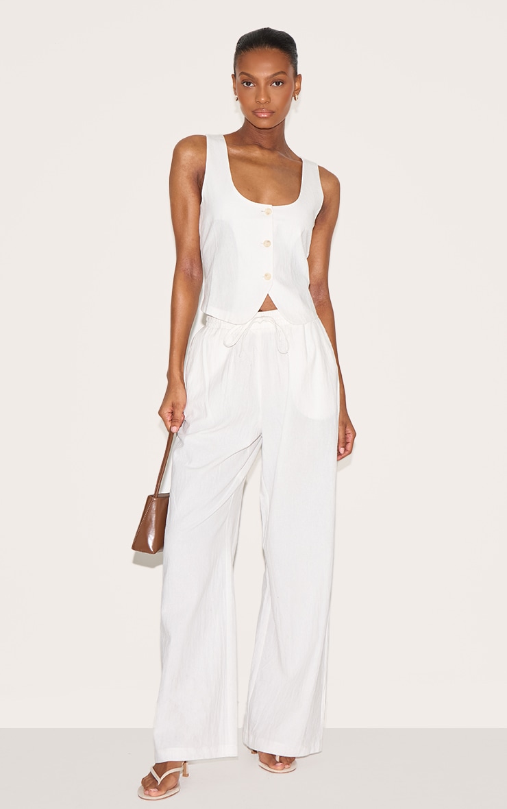 White Linen Look Tailored Scoop Neck Fitted Waistcoat image 3