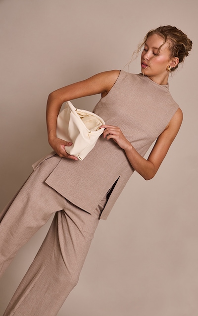 Top de tailleur gris pierre sans manches à col montant