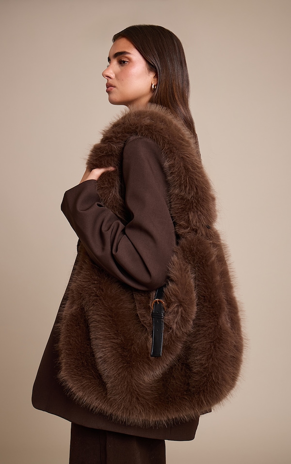 Chocolate Faux Fur Belted Shoulder Bag