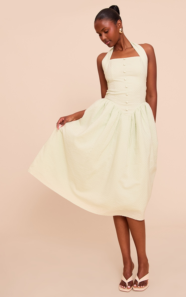 Robe mi-longue en coton brodé sauge à dos nu image 3