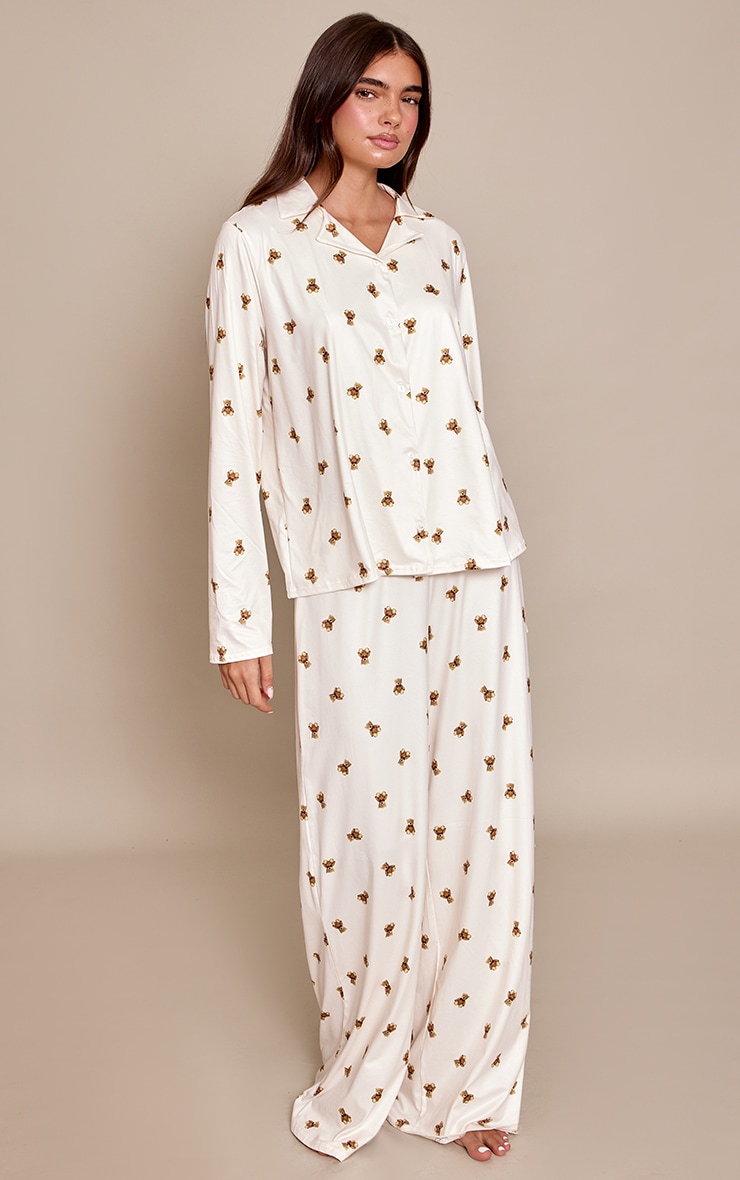 Cream Teddy Bear Print Long Sleeve Button Through Pj Set image 3