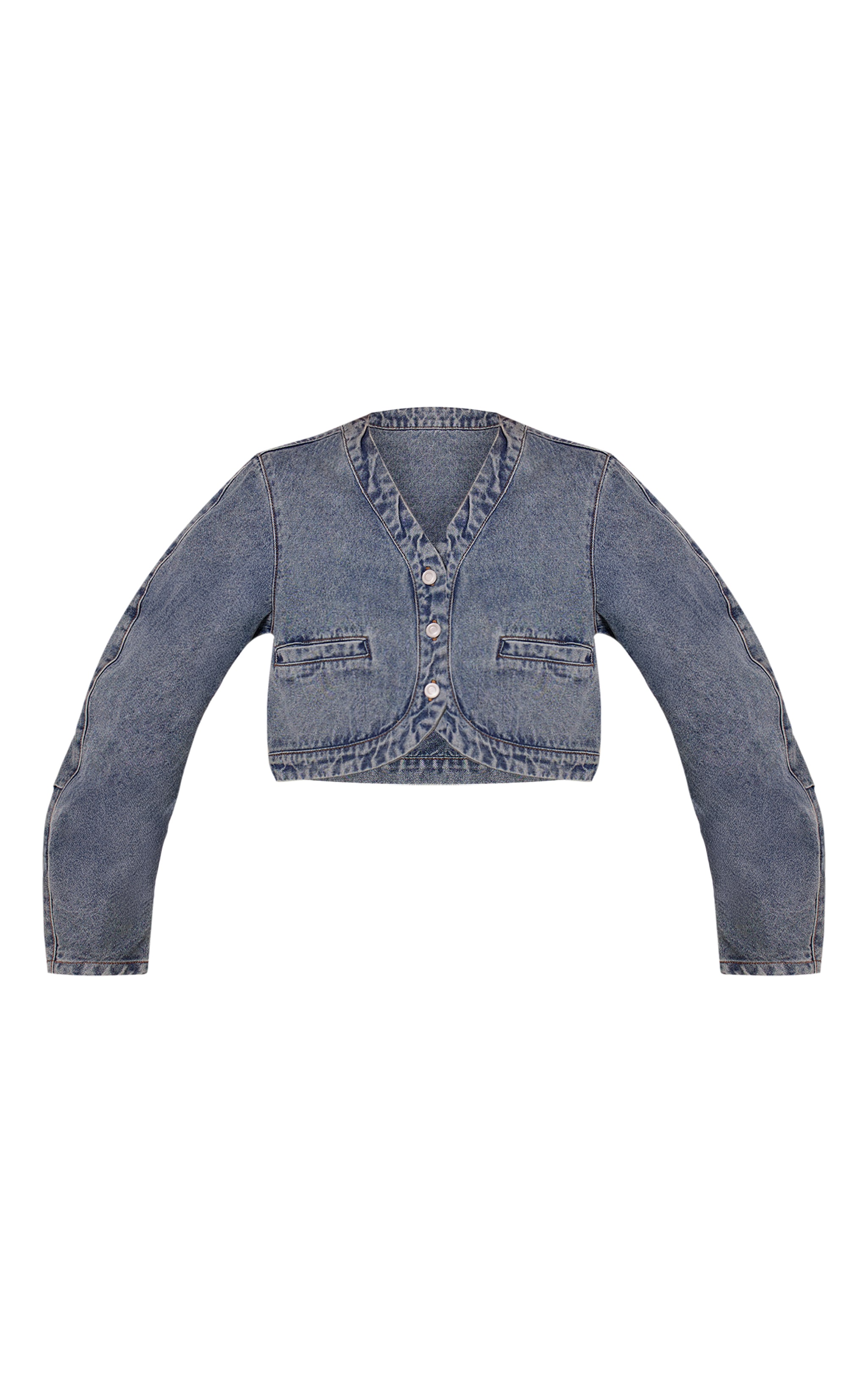 Vintage V Neck Curved Hem Cropped Denim Jacket image 5
