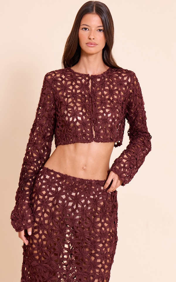 Dark Brown Textured Floral Button Cropped Top