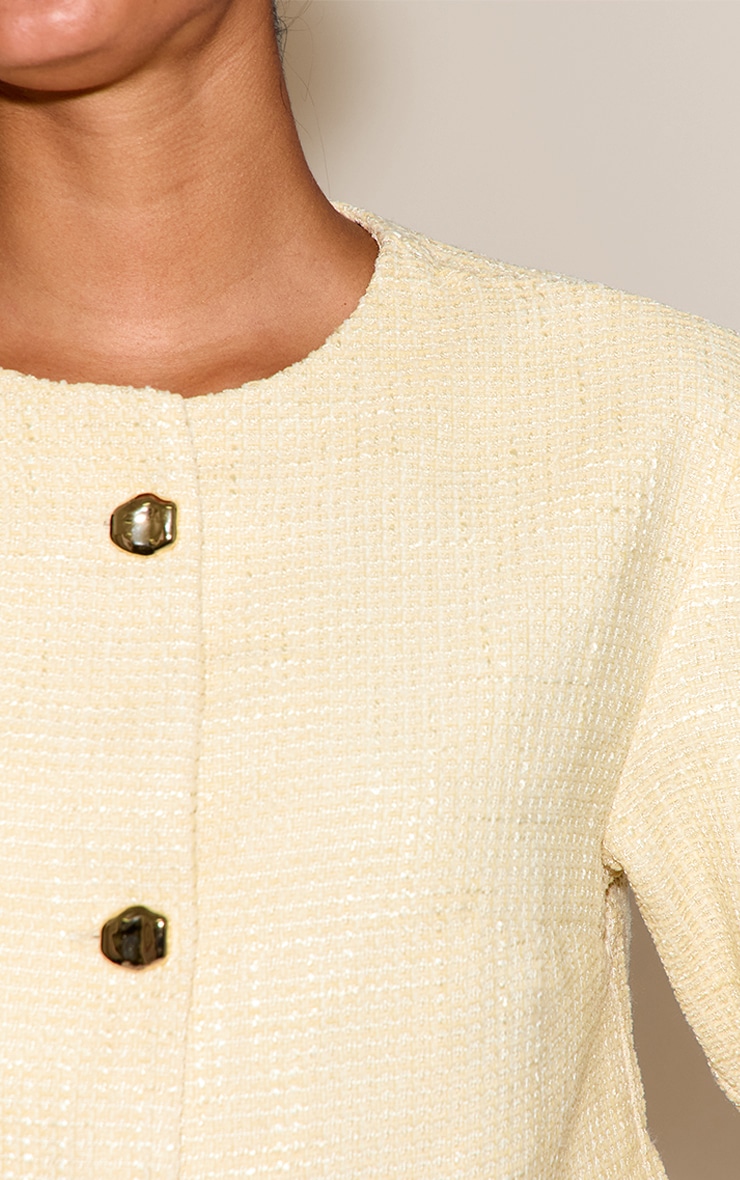 Butter Cream Cropped Button Up Tweed Collarless Jacket image 4